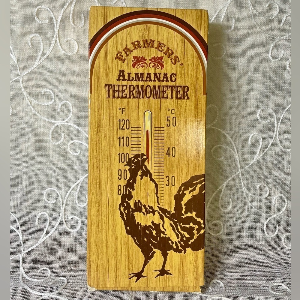 Vintage Avon Farmers Almanac Thermometer & Soap / Gold Tin Rooster. New in box